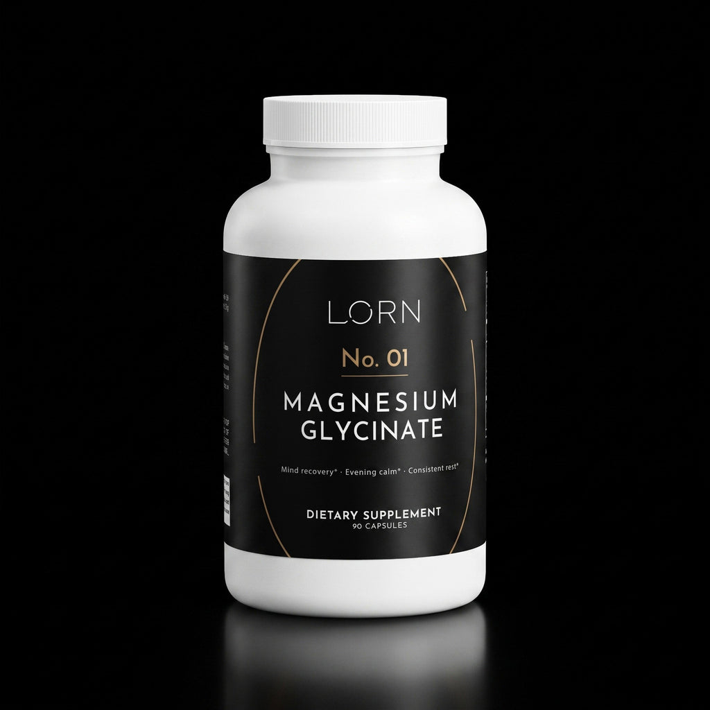 Lorn No. 01 Magnesium Glycinate, 90 capsules, dark bottle on a near-black background