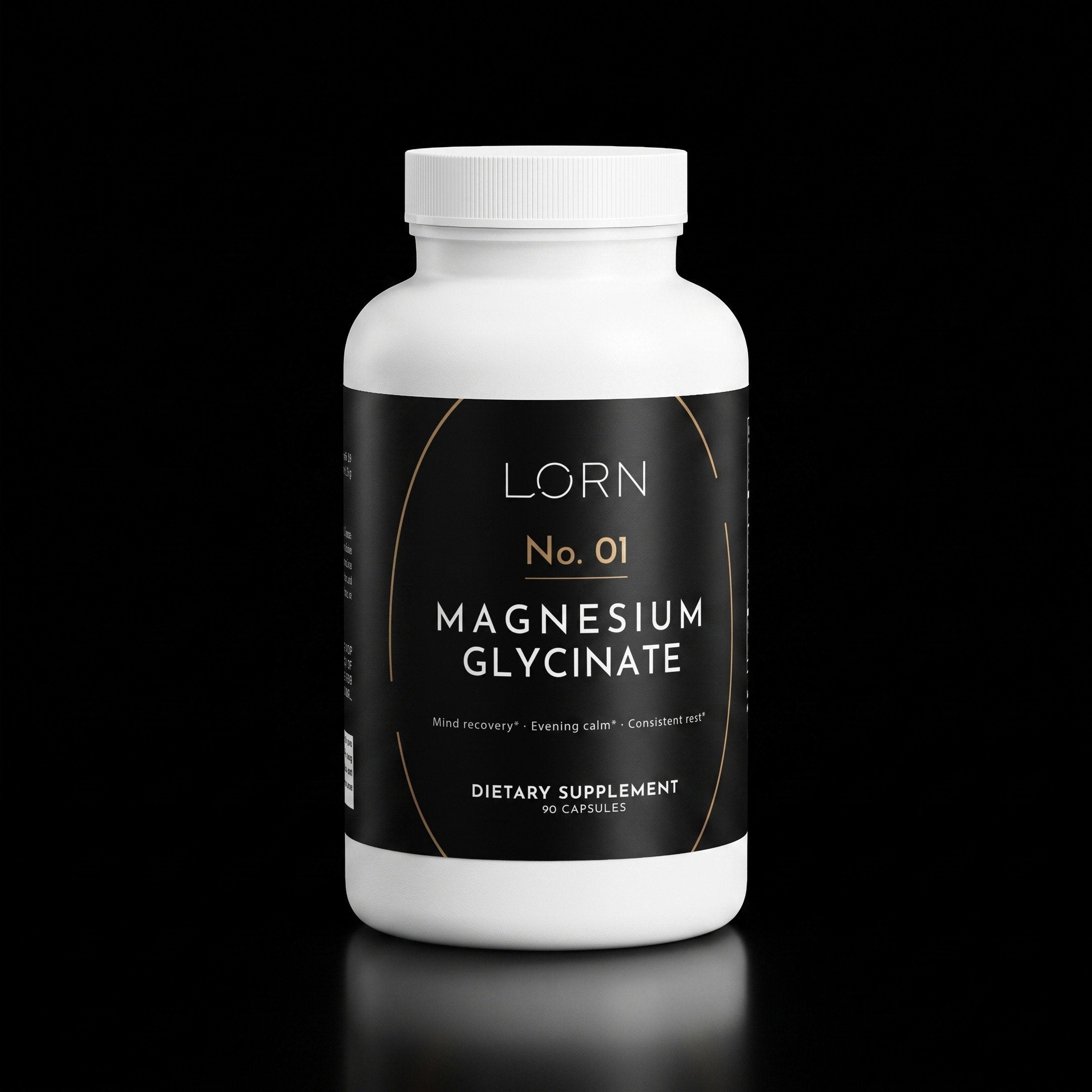 Lorn No. 01 Magnesium Glycinate, 90 capsules, dark bottle on a near-black background