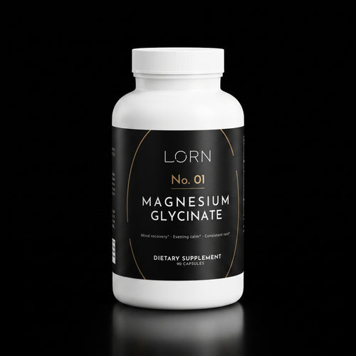 Lorn No. 01 Magnesium Glycinate, 90 capsules, dark bottle on a near-black background