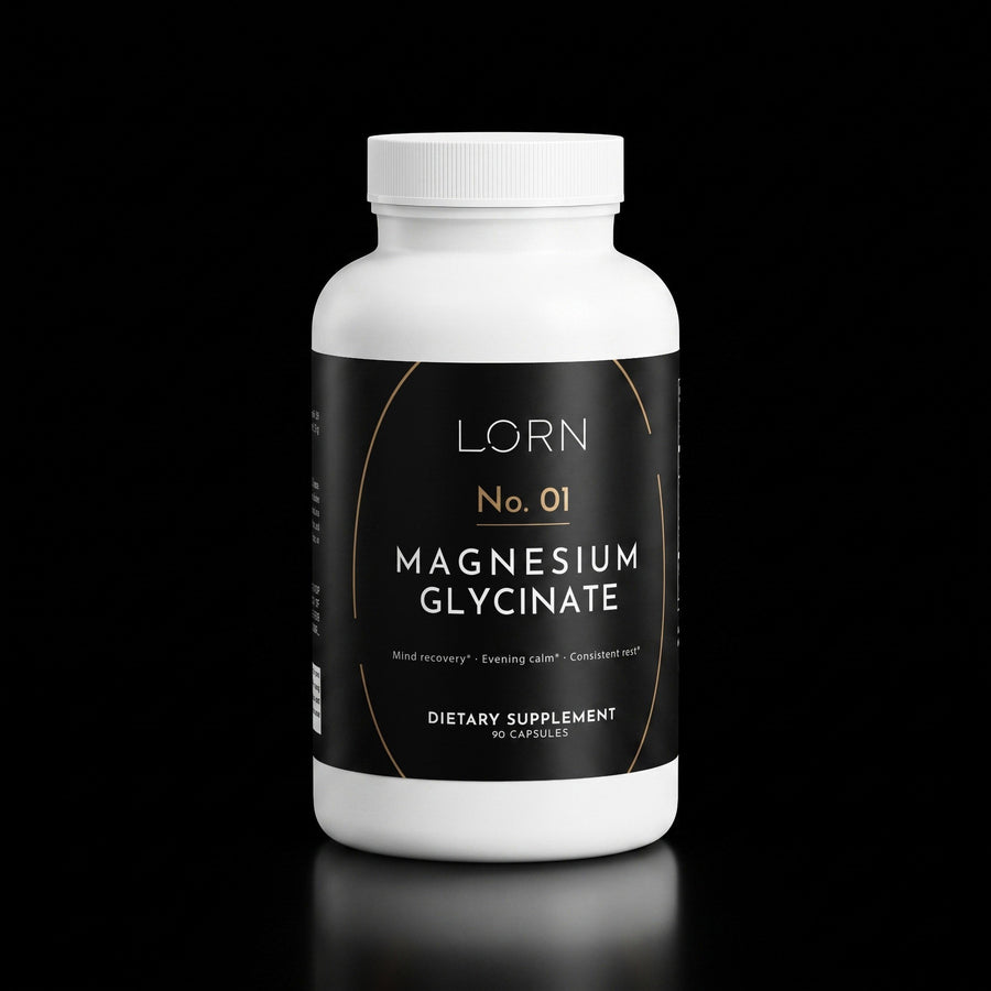 Lorn No. 01 Magnesium Glycinate, 90 capsules, dark bottle on a near-black background