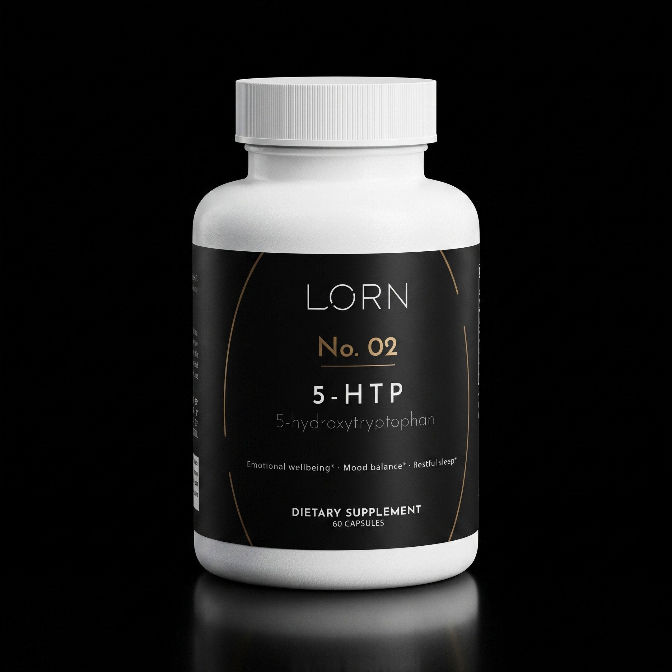 Lorn No. 02 5-HTP, 60 capsules, dark bottle on a near-black background