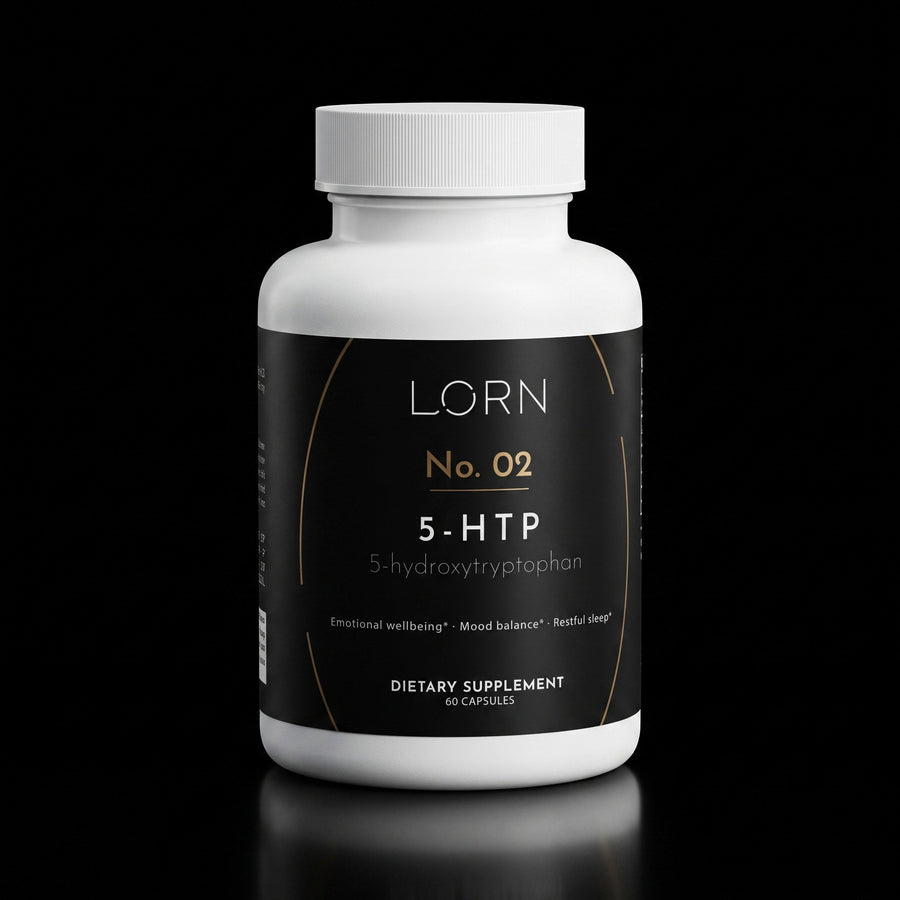 Lorn No. 02 5-HTP, 60 capsules, dark bottle on a near-black background