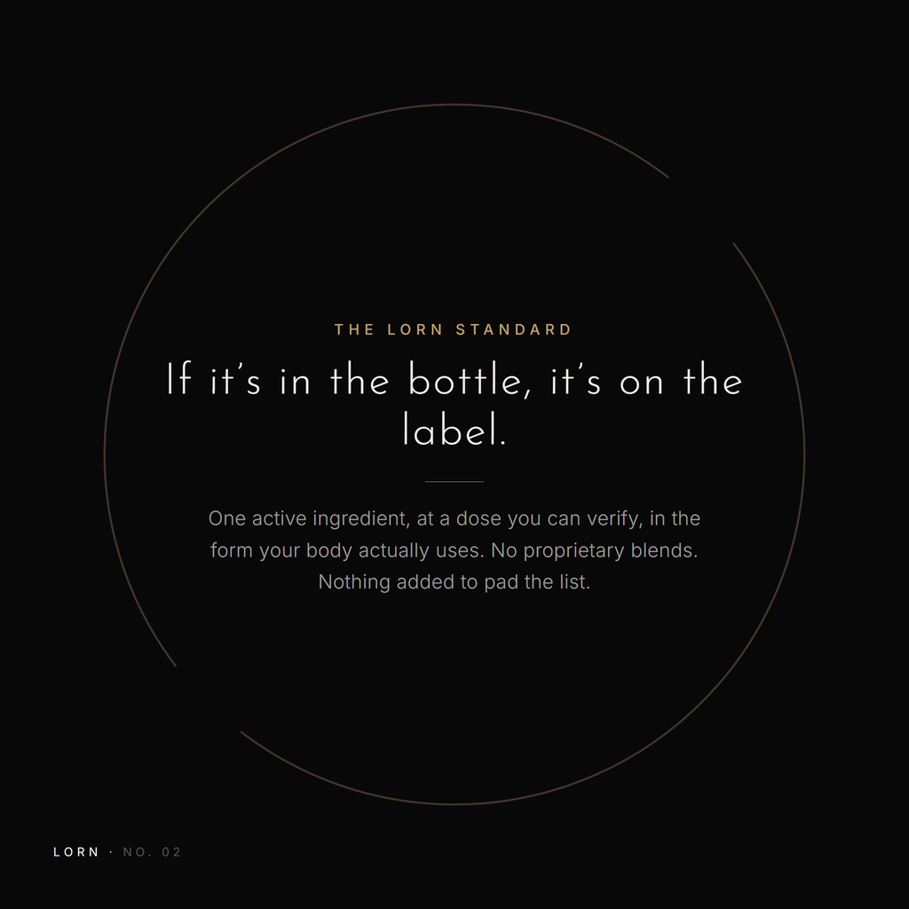 The Lorn standard: one active ingredient at a verifiable dose, no proprietary blends, everything on the label is in the bottle