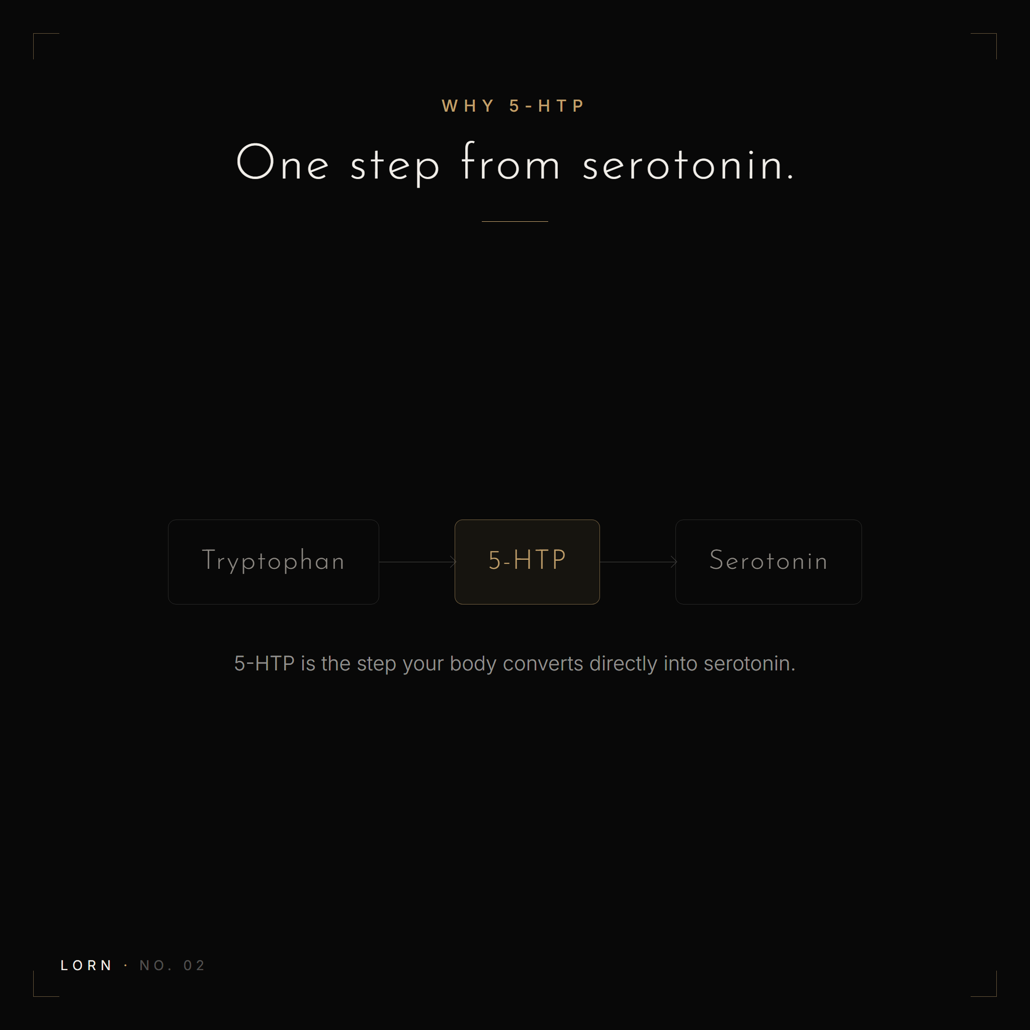 Pathway diagram showing tryptophan converting to 5-HTP, which the body converts directly into serotonin